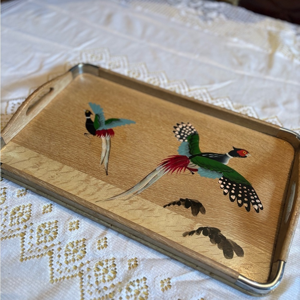 Vintage Wooden Tray with Bird Design - Picture 2 of 6